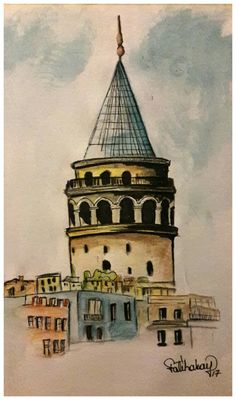 a painting of a building with a steeple on top