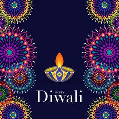 happy diwali greeting card with colorful flowers and candle on dark blue background illustration