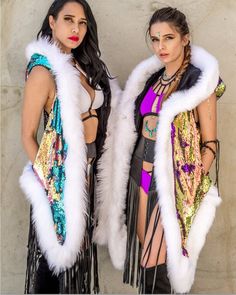 Women's Sequin Faux Fur Desert Warrior Vest for Burning Man by FurrociousFurr Desert Warrior, Festival Vest, Winter Faux Fur Coat, Festival Coats, Led Costume, Festival Outfit Inspiration, Burning Man Costume, Winter Fashion Coats, Music Festival Outfits