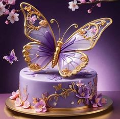 a cake decorated with purple and gold butterflies