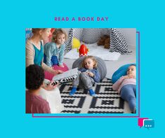 children are sitting on the floor in front of a book day poster with text reading read a book day