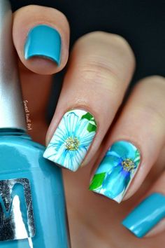 ~lilamoriarty~ Nail Art Bleu, Blue Nail Art Designs, Ideas Videos, Blue Nail Art, Floral Nail Art, Blue Nail Designs, Blue Nail, Great Nails, Flower Nail Art