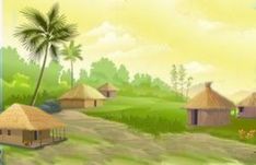 an image of some huts in the middle of a field with palm trees and flowers