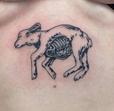 a goat skeleton tattoo on the back of a man's chest, with ribs exposed