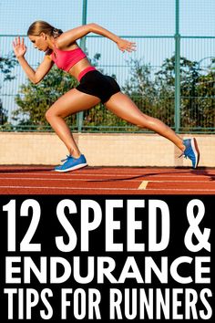 a woman running on a race track with the words 12 speed and endurance tips for runners