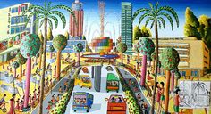 a painting of a city street with palm trees