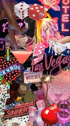 a collage of neon signs, dices, and other items that are all over the place