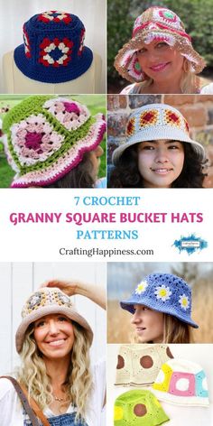 crochet granny's square bucket hats are featured in this collage with the text, 7 crochet grannys square bucket hats patterns