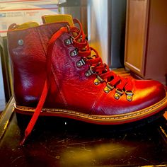 Brand New Jafa Boot In Red. Size 38 Red Leather Lace-up Boots With Round Toe, Casual Red Boots With Lug Sole, Red High-top Boots With Reinforced Heel, Red Boots With Rubber Sole And Flat Heel, Red Casual Boots With Vibram Sole, Casual Red Boots With Vibram Sole, Red Leather Casual Boots, Casual Red Boots With Leather Sole, Casual Red Boots With Flat Heel