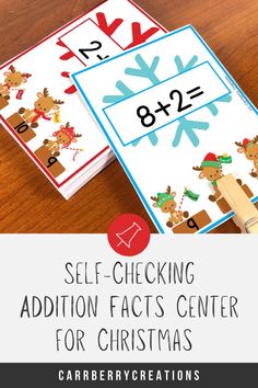 two christmas cards with the words self - checking addition fact center for christmas on them