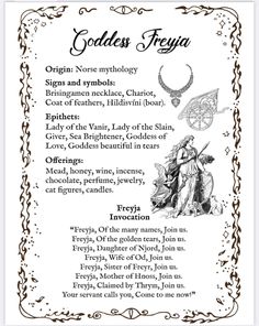 an image of goddess frigia with the words on it and symbols around it