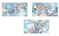 four different images of a woman with blonde hair and blue dress, holding a umbrella