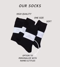 three pairs of socks with the words, our socks are high quality and one size soft