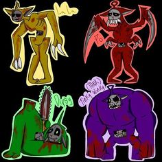 four different colored cartoon characters with one being a demon