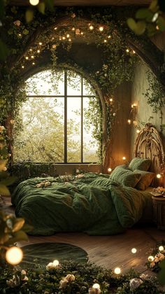 an image of a bedroom setting with fairy lights on the window sill and green bedding