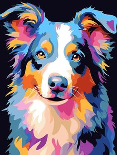 a colorful dog is shown on a black background