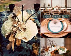 a collage of photos with flowers, plates and napkins on top of them