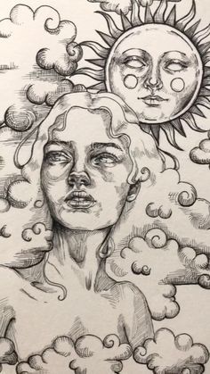 a drawing of a woman's face with the sun above her head and clouds in the background