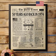 the party times 50 years ago back in 1974 poster on wooden wall with american flag