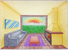 a drawing of a living room with couches, fireplace and painting on the wall