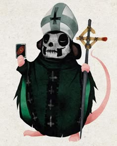 a drawing of a skeleton holding a cell phone and wearing a hat with a cross on it