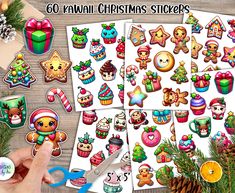 christmas stickers are shown with scissors and pine cones