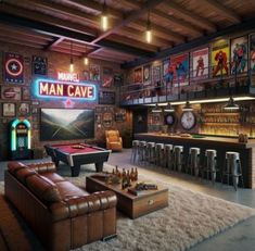 a man cave with a pool table, couch and bar