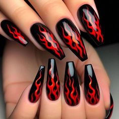 Flame Nails Black And Red, Nails Acrylic August, Flame Nails Acrylic, Fire Nails Designs, Black And Red Nail Designs, Elegant Nail Ideas, Rocker Nails, Fall Nails Trendy, Sparkling Nails