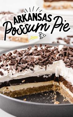 there is a cake that has been cut into pieces and is on a plate with the words, arkansas's possum pie