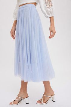 Beautiful light blue midi length mesh tulle skirt featuring an elastic waistband and a-line fit. Pair with a sweater, bodysuit or even a graphic tee. The perfect skirt for special occasions and family photos. Details 100% Polyester TTS Tulle Midi Skirt, Mesh Skirt, Beautiful Lights, Small Tops, Midi Length, Baby Blue, Family Photos, Tulle Skirt, Graphic Tee