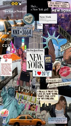 the collage is made up of many different pictures and words, including new york