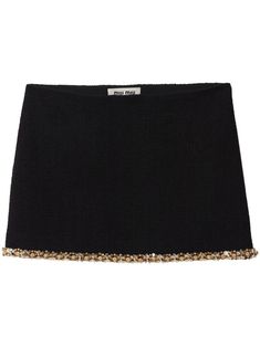 black gold-tone wool tweed crystal embellishment sequin detailing elasticated waistband straight hem thigh-length Miu Miu Couture, Png Skirts, Miu Miu Mini Skirt, Png Skirt, Unrealistic Wishlist, Collage Pics, Miu Miu Dress, Png Clothes, Embroidery Dresses