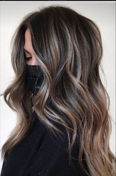 Frosted Dark Brown Hair, Dark Brown Base With Ash Blonde Balayage, Highlights To Disguise Gray Hair, Trendy Highlights For Brunettes, Brunette With Ash Blonde Highlights, Ashy Babylights On Dark Hair, Deep Brown Hair, New Hair Ideas