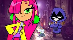 an animated girl with pink hair and green eyes standing in the middle of a street