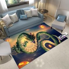 a living room area rug with a dragon on it