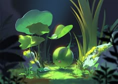 an animated scene with plants and animals in the grass at night, including a frog