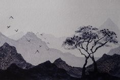 a painting of birds flying over mountains and trees