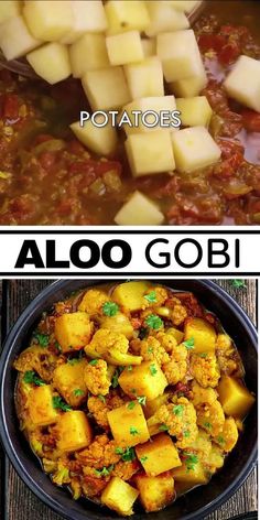 potatoes and aloo gobi in a bowl next to the same image with text overlay