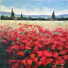 an oil painting of red flowers in a field