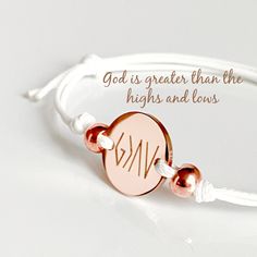 God is greater than the highs and lows bracelet, Confirmation gift, Religious friendship bracelet, Thinking of you gift, Rose gold inspiratioin bracelet. MATERIAL*DIMENSIONS*DETAILS Rose Gold stainless steel disc - .6mm (15mm) Waxed cotton cord OPTION MENUS You may select the cord color and bracelet size from the option menus. PERSONALIZATION Free personal engraving on back of the disc such as a special date, scripture, initial/initials etc. All our jewelry and gifts are custom made and packaged Bible Jewelry, Blessing Bracelet, Christian Accessories, Scripture Jewelry, Jesus Gifts, Gold Inspiration, Christian Bracelets, Faith Jewelry, Catholic Jewelry