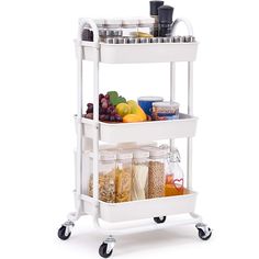 a three tiered cart with food and drinks on it's wheels, against a white background