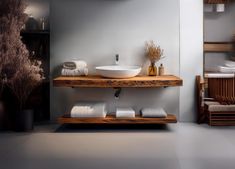 a bathroom with a sink, mirror and towels on the shelf in front of it