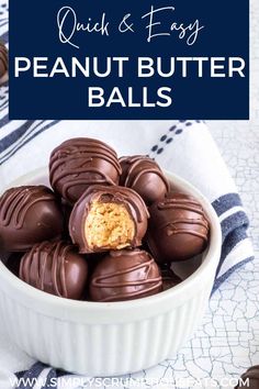 chocolate peanut butter balls in a white bowl on a blue and white towel with text overlay