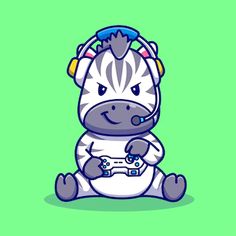 a cartoon zebra sitting on the ground holding a game controller in its paws and wearing headphones