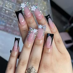 24pcs 3D Crystal Fake Nails Shiny Rhinestone Y2k Duckbill Shaped False Nails Full Cover Wearable Duck Nails, French Tip Acrylic Nails, Black French, Short Acrylic Nails Designs, Square Acrylic Nails, Crystal Design