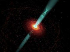 an artist's impression of a black hole in the sky with a red and white object