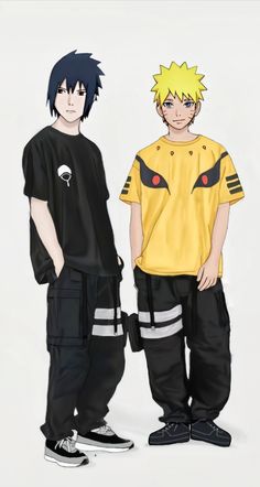 two young men standing next to each other wearing black and yellow shirts with red eyes