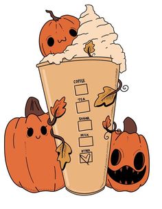 a pumpkin themed drink with two jack - o'- lanterns on the side and a coffee cup filled with whipped cream