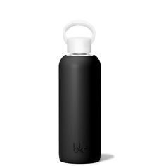 a black water bottle with a white lid on a white background and the word blk written below it