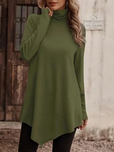 Lasaky - Womens Plus Size Long Sleeve High Neck Asymmetric Hem Tunic Top, Versatile and Stylish Plus Size Casual Wear Women's Outfits By Occasions, High Neck Designs, Wear Green, Stylish Plus, High Neck Long Sleeve, Casual Tops For Women, Asymmetrical Tops, Black White Pink, Long Sleeve Tunic